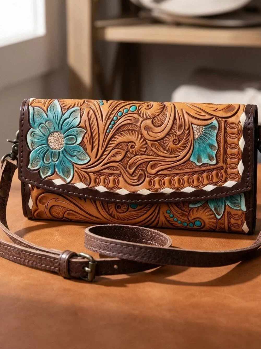 American Darling Tooled Teal/Turquoise Floral Crossbody Wallet